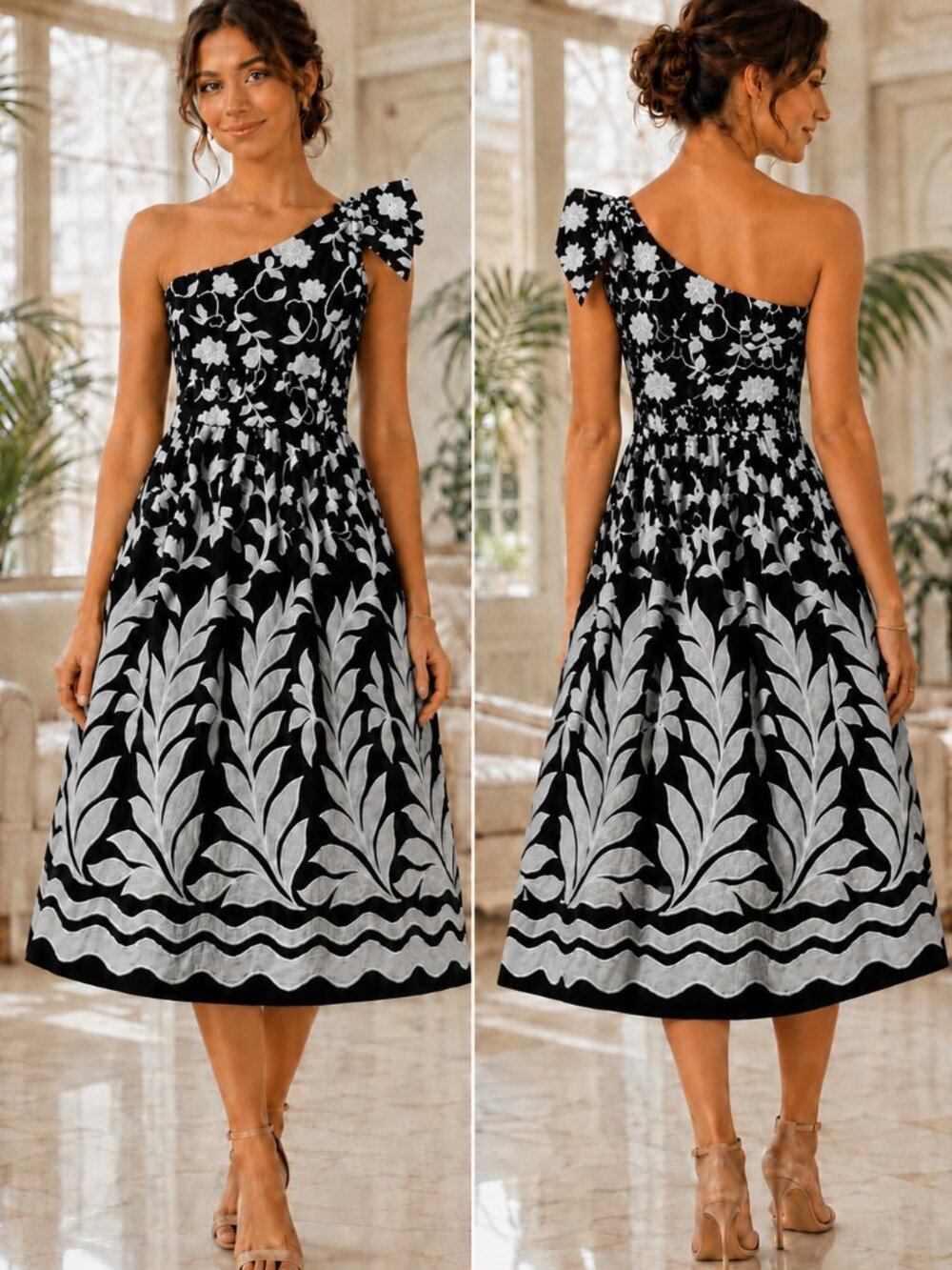 By Anthropologie One Shoulder Embroidered Leaf Midi Dress US 2